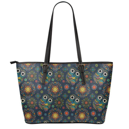 Bohemian Owl Pattern Print Leather Tote Bag