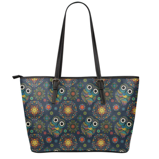 Bohemian Owl Pattern Print Leather Tote Bag