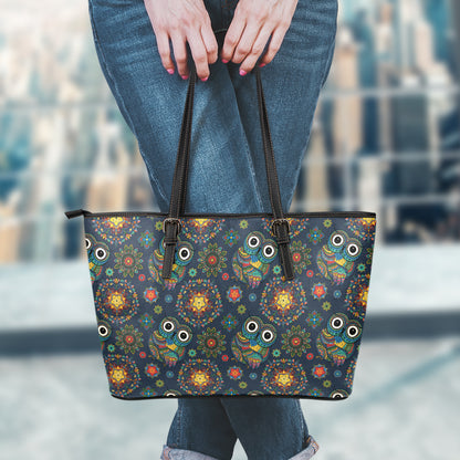 Bohemian Owl Pattern Print Leather Tote Bag
