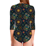 Bohemian Owl Pattern Print Long Sleeve Swimsuit
