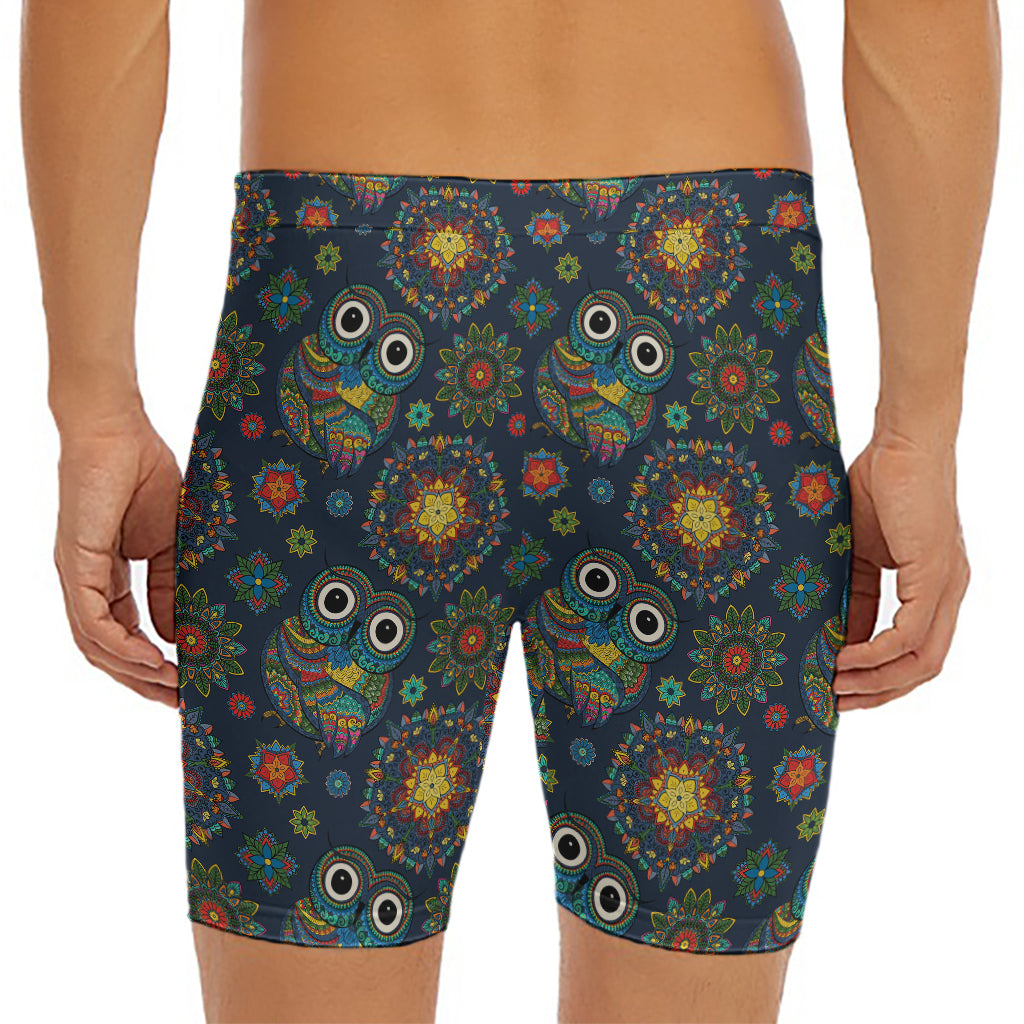 Bohemian Owl Pattern Print Men's Long Boxer Briefs