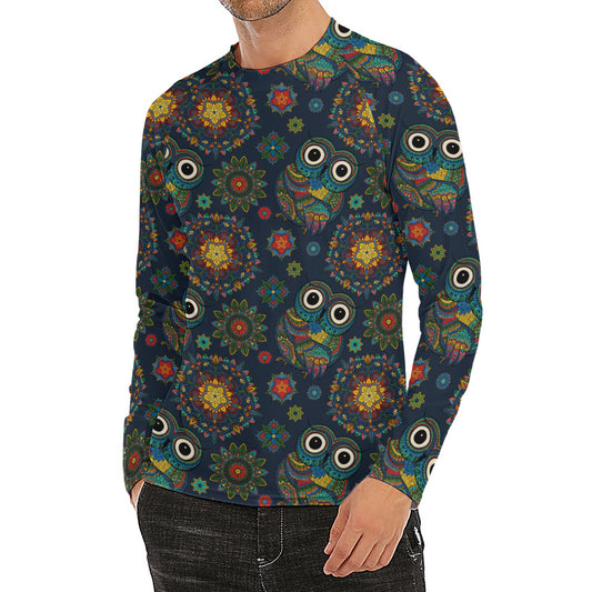 Bohemian Owl Pattern Print Men's Long Sleeve Rash Guard
