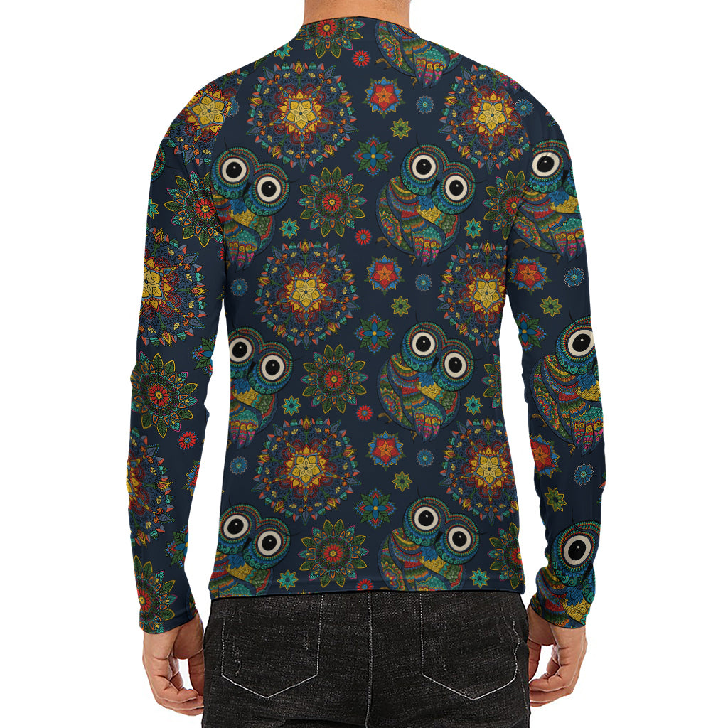 Bohemian Owl Pattern Print Men's Long Sleeve Rash Guard