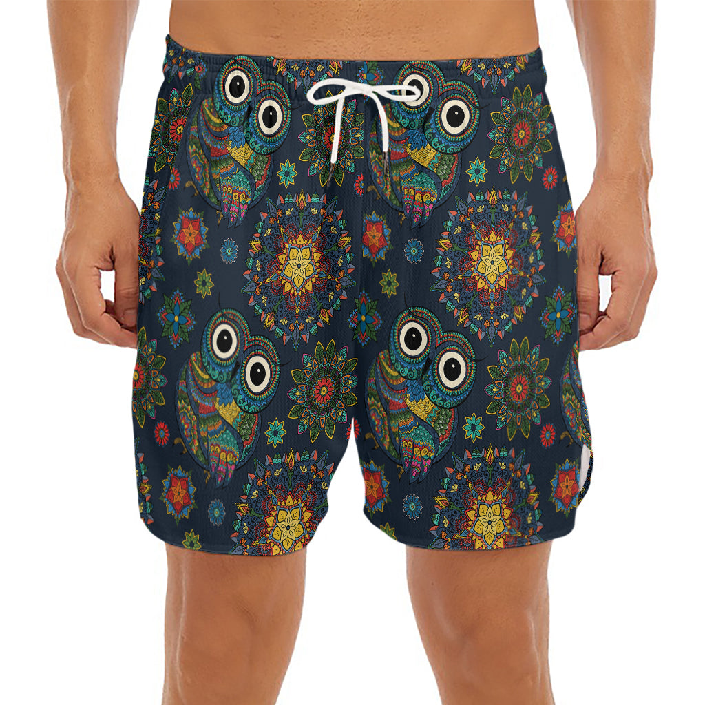Bohemian Owl Pattern Print Men's Split Running Shorts