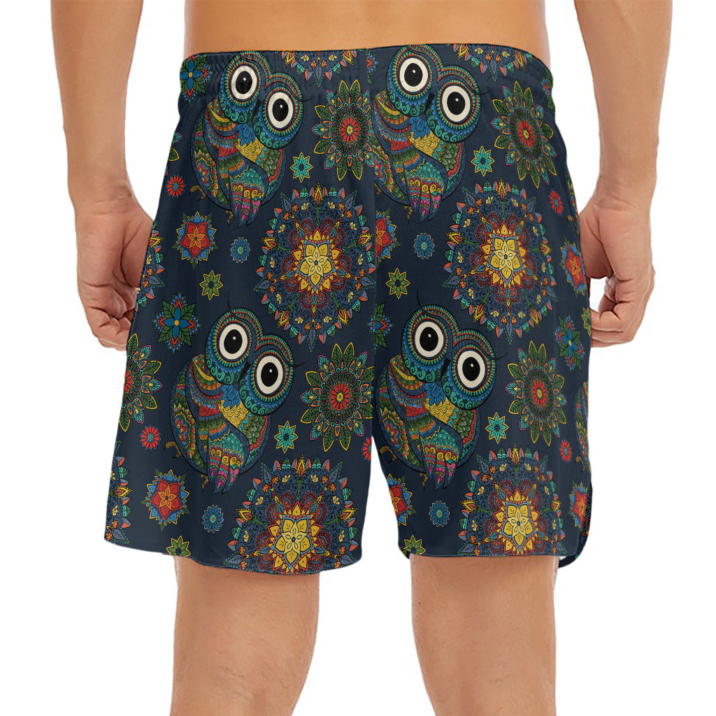 Bohemian Owl Pattern Print Men's Split Running Shorts