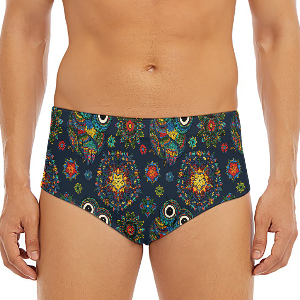 Bohemian Owl Pattern Print Men's Triangle Swim Briefs