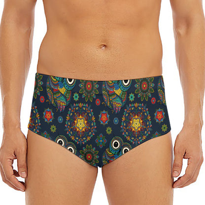 Bohemian Owl Pattern Print Men's Triangle Swim Briefs