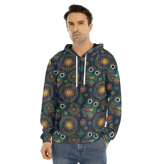 Bohemian Owl Pattern Print Men's Velvet Pullover Hoodie