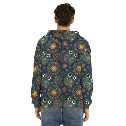 Bohemian Owl Pattern Print Men's Velvet Pullover Hoodie