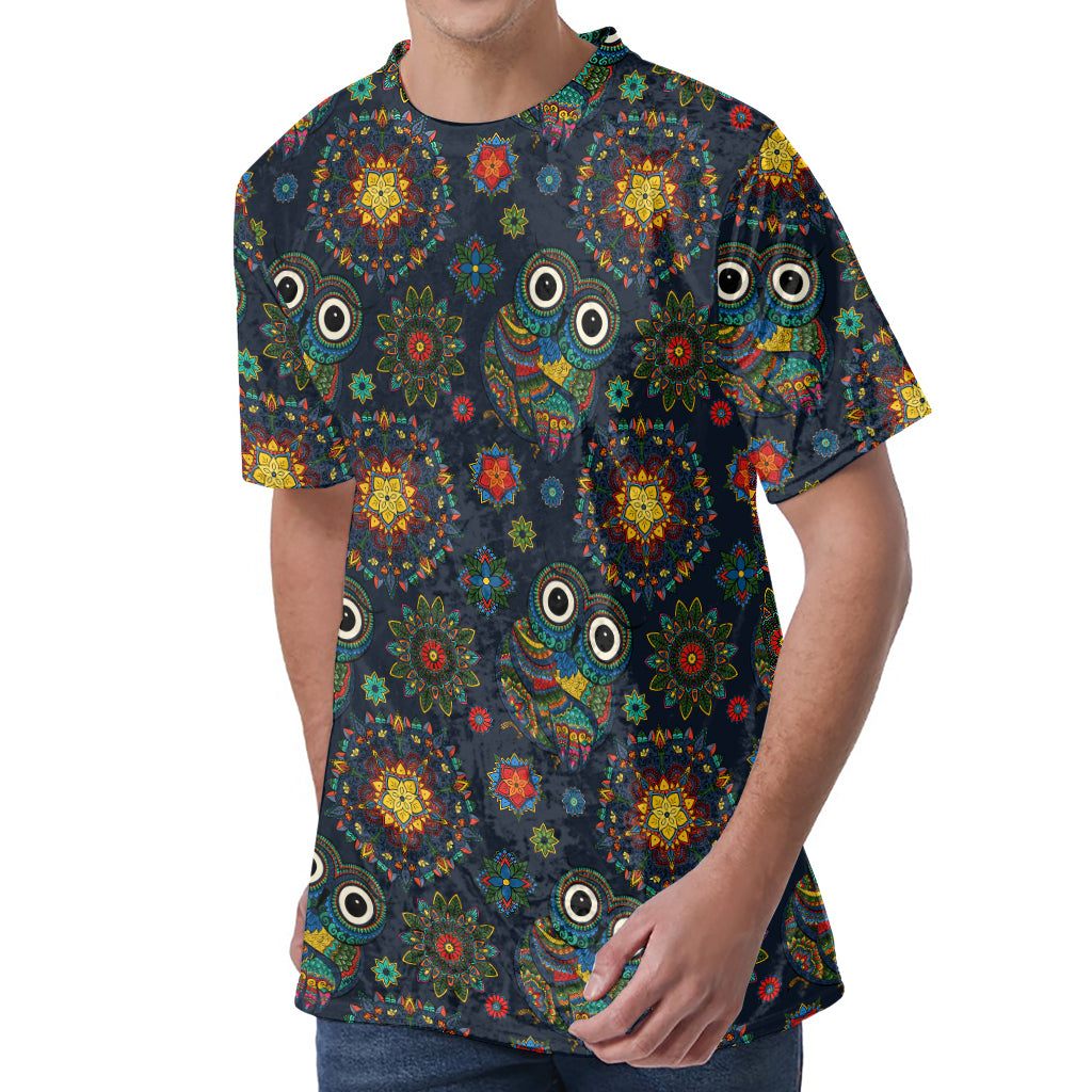 Bohemian Owl Pattern Print Men's Velvet T-Shirt