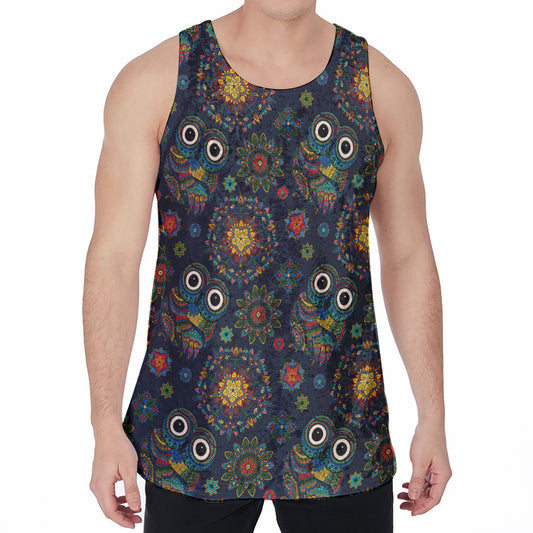 Bohemian Owl Pattern Print Men's Velvet Tank Top