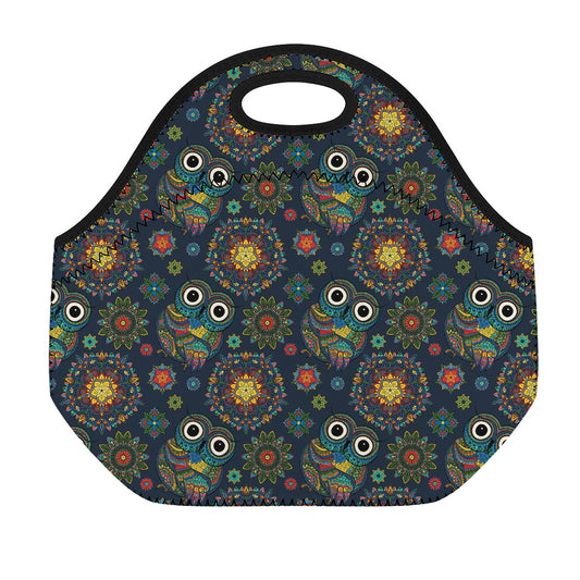 Bohemian Owl Pattern Print Neoprene Lunch Bag