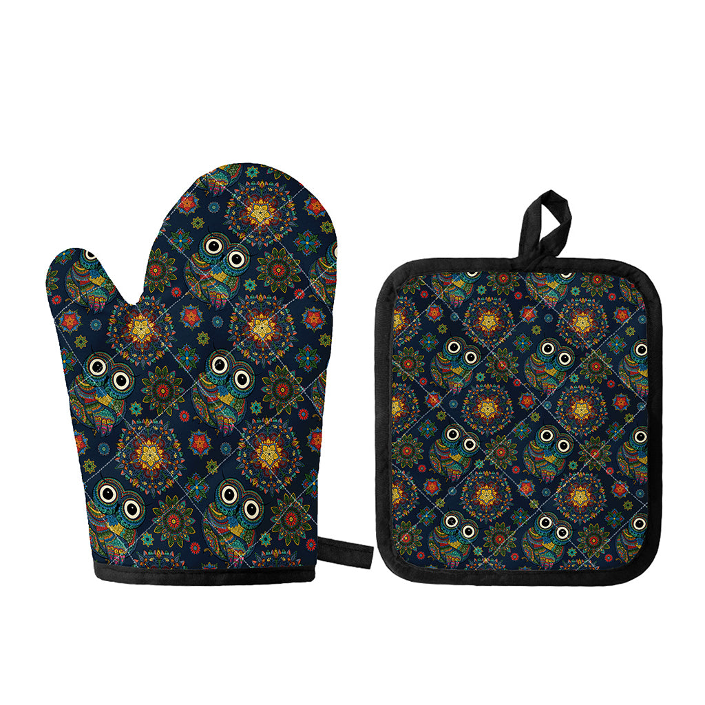 Bohemian Owl Pattern Print Oven Mitt And Pot Holder Set