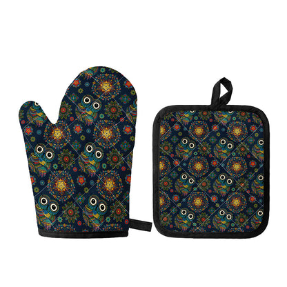 Bohemian Owl Pattern Print Oven Mitt And Pot Holder Set