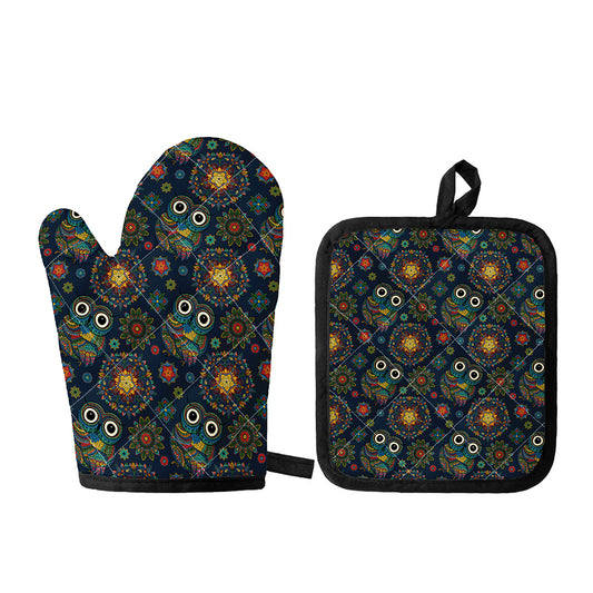 Bohemian Owl Pattern Print Oven Mitt And Pot Holder Set