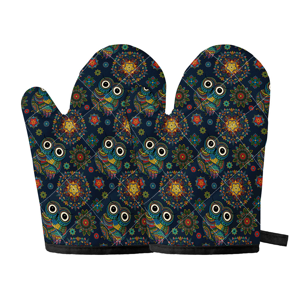 Bohemian Owl Pattern Print Oven Mitts