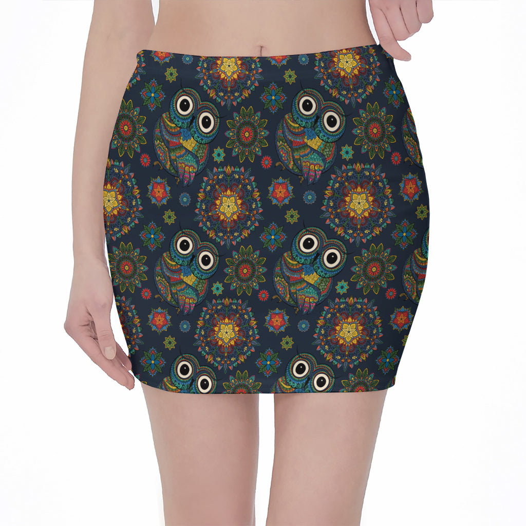 Bohemian Owl Pattern Print Pencil Mini Skirt