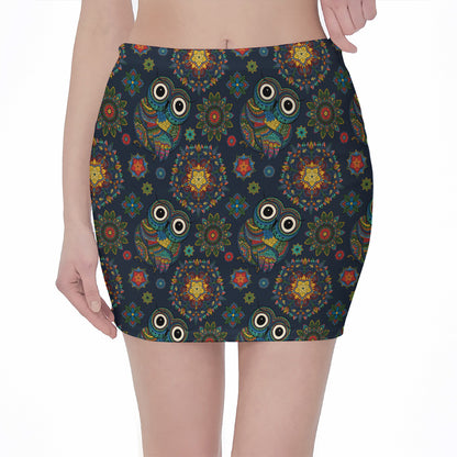 Bohemian Owl Pattern Print Pencil Mini Skirt
