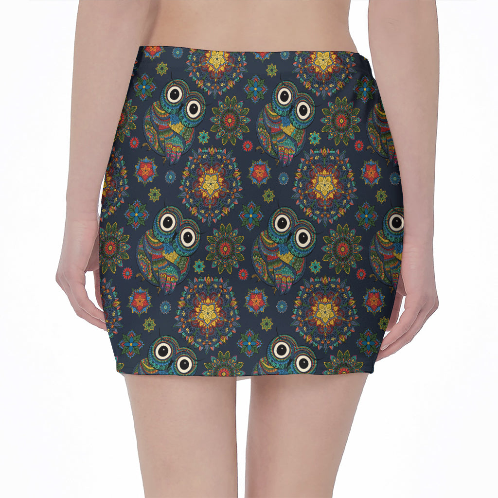 Bohemian Owl Pattern Print Pencil Mini Skirt