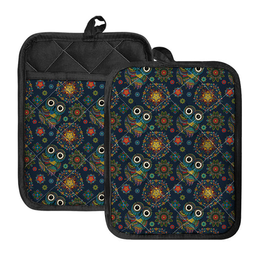 Bohemian Owl Pattern Print Pot Holders With Pocket
