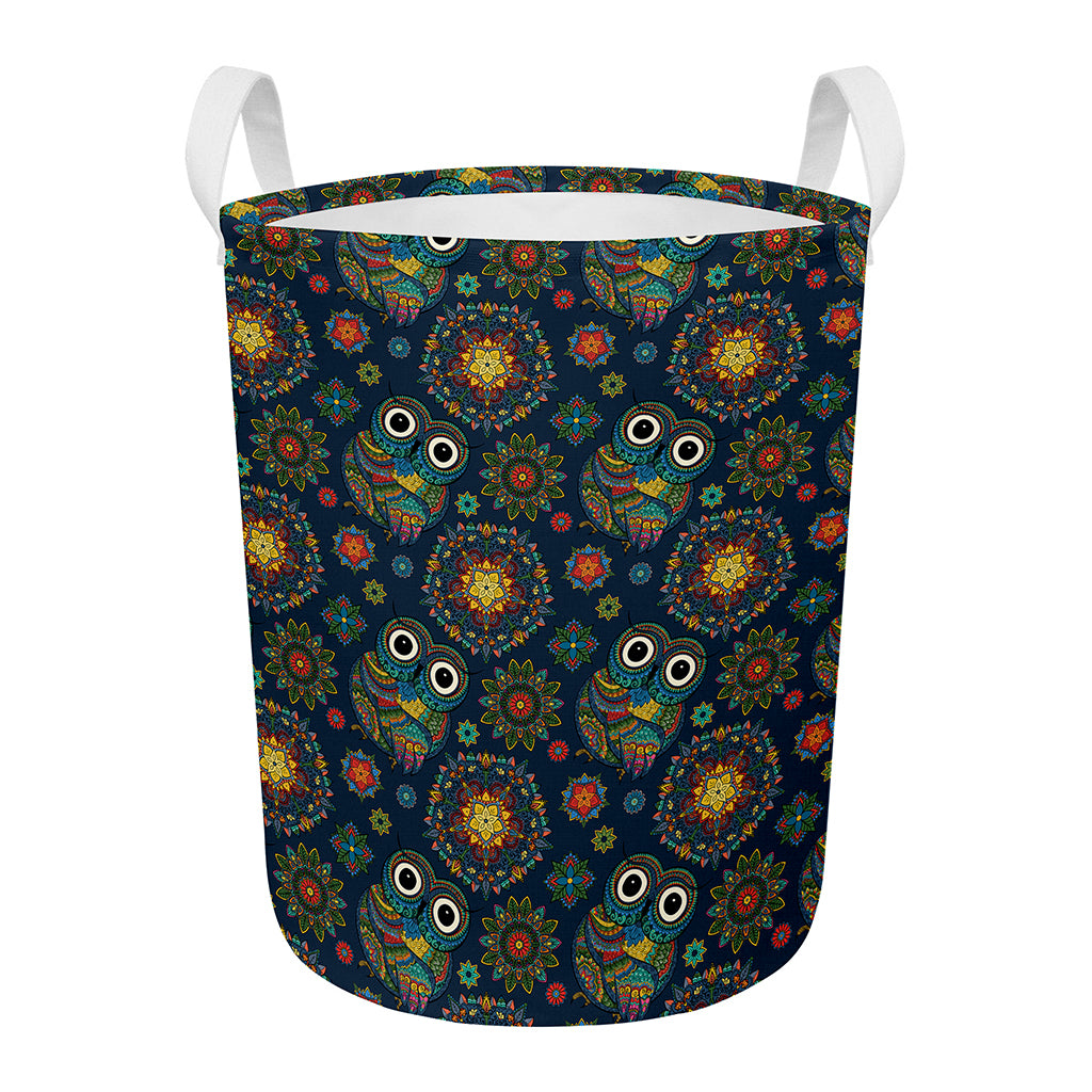 Bohemian Owl Pattern Print Round Laundry Basket