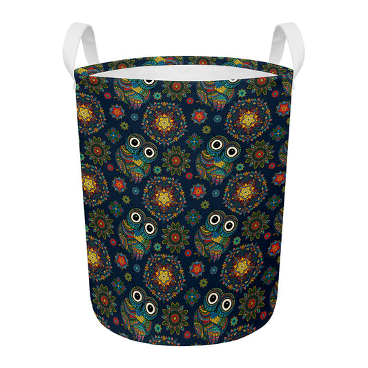Bohemian Owl Pattern Print Round Laundry Basket
