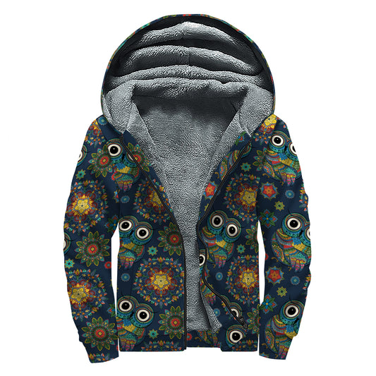 Bohemian Owl Pattern Print Sherpa Lined Zip Up Hoodie