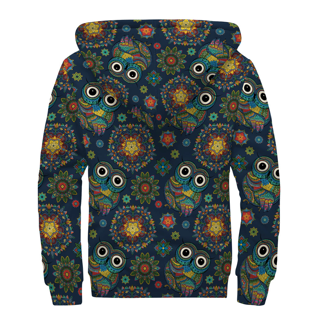 Bohemian Owl Pattern Print Sherpa Lined Zip Up Hoodie