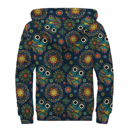 Bohemian Owl Pattern Print Sherpa Lined Zip Up Hoodie