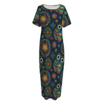 Bohemian Owl Pattern Print Short Sleeve Long Nightdress