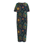 Bohemian Owl Pattern Print Short Sleeve Long Nightdress