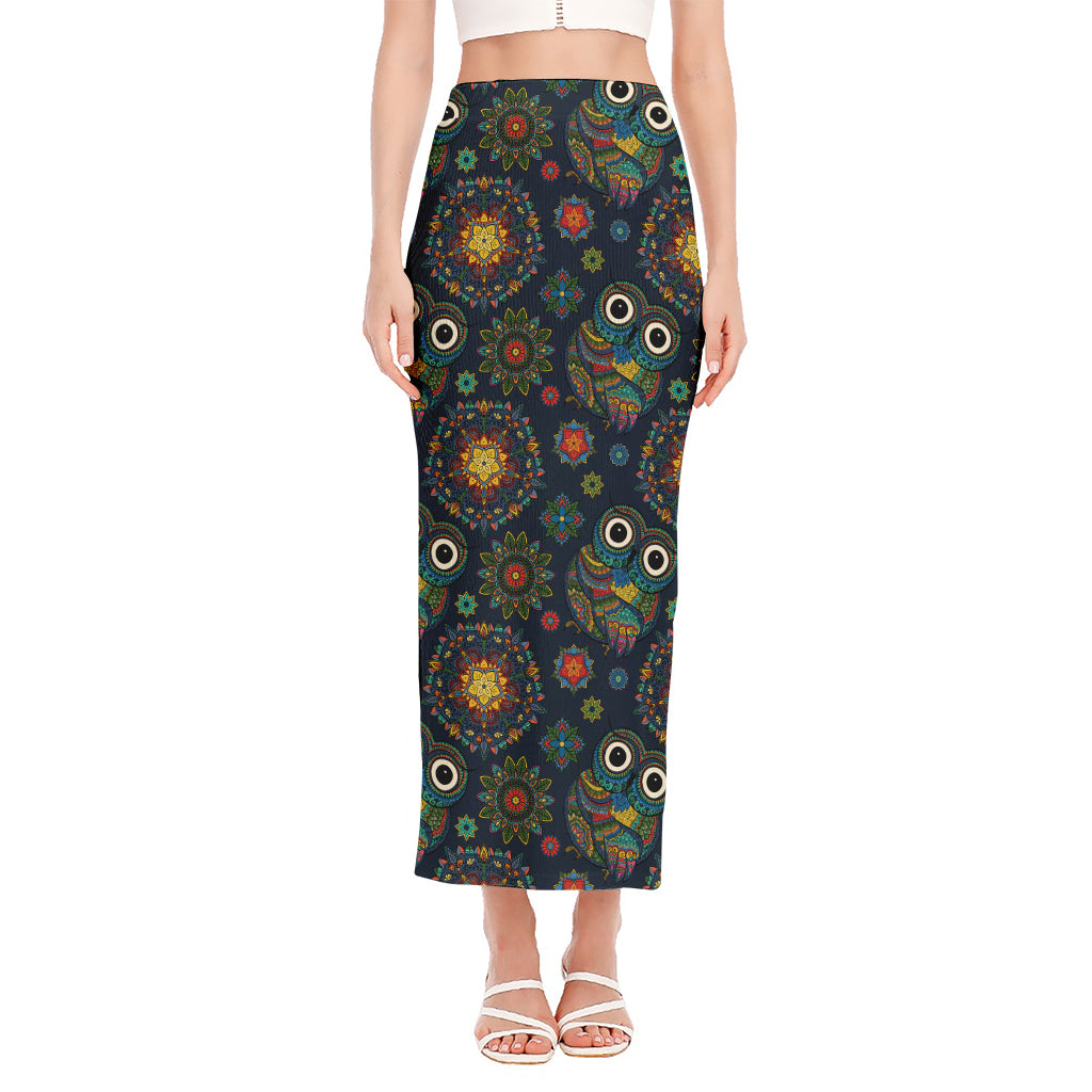 Bohemian Owl Pattern Print Side Slit Maxi Skirt