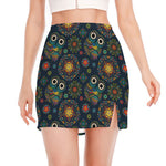 Bohemian Owl Pattern Print Side Slit Mini Skirt