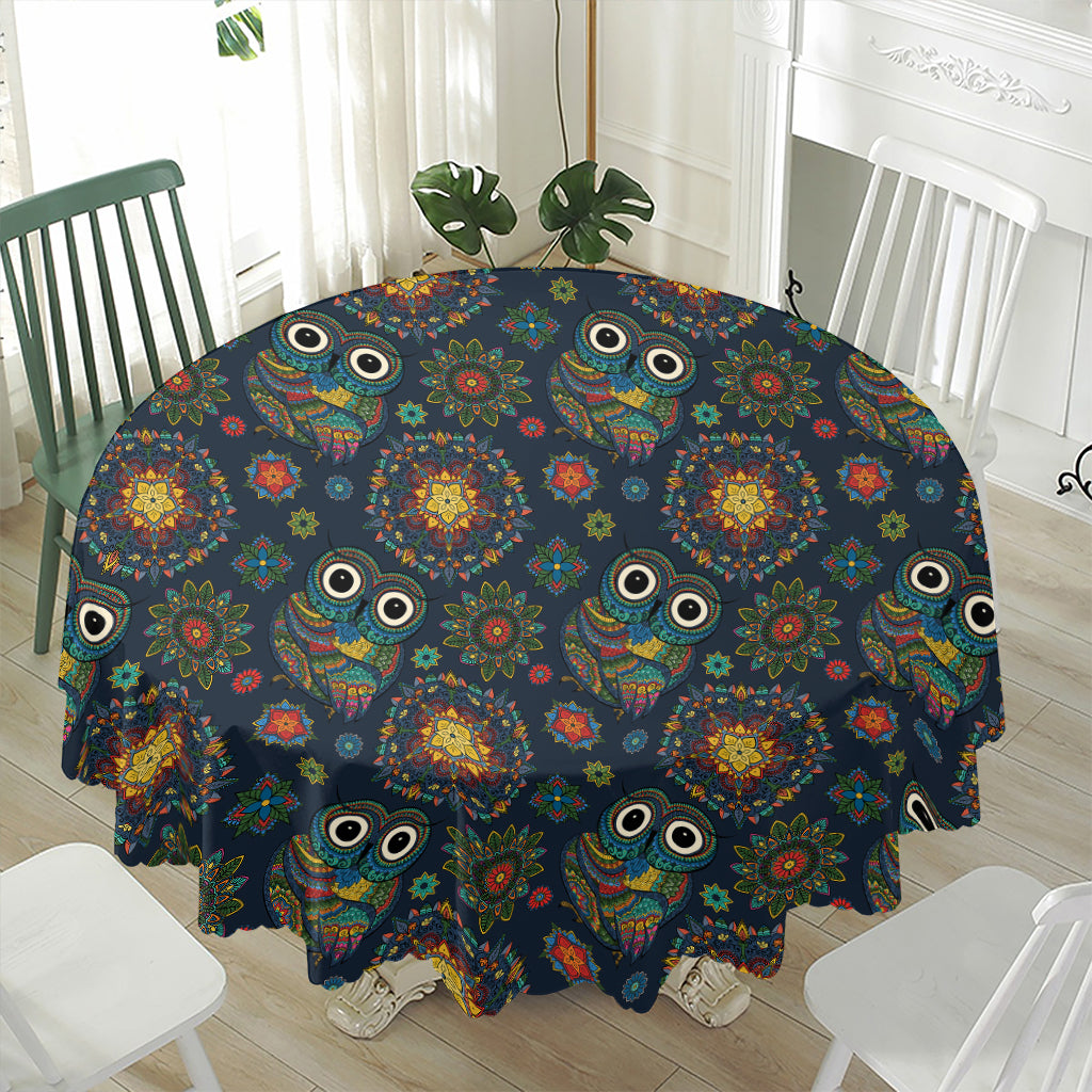 Bohemian Owl Pattern Print Waterproof Round Tablecloth
