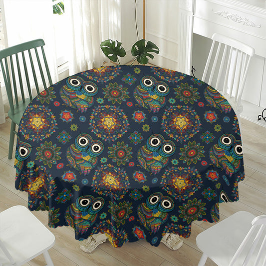 Bohemian Owl Pattern Print Waterproof Round Tablecloth