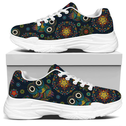 Bohemian Owl Pattern Print White Chunky Shoes