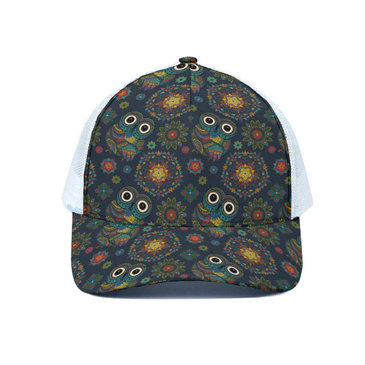 Bohemian Owl Pattern Print White Mesh Trucker Cap