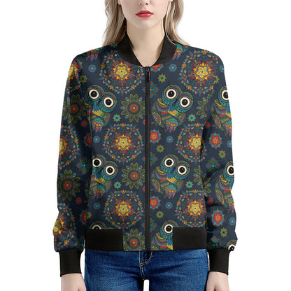 Bohemian Owl Pattern Print Women's Bomber Jacket