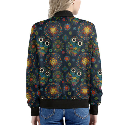 Bohemian Owl Pattern Print Women's Bomber Jacket