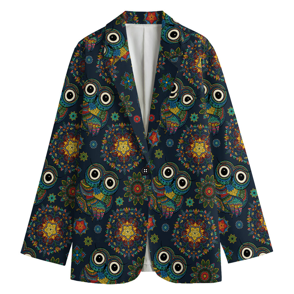 Bohemian Owl Pattern Print Women's Cotton Blazer