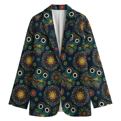 Bohemian Owl Pattern Print Women's Cotton Blazer
