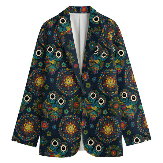 Bohemian Owl Pattern Print Women's Cotton Blazer