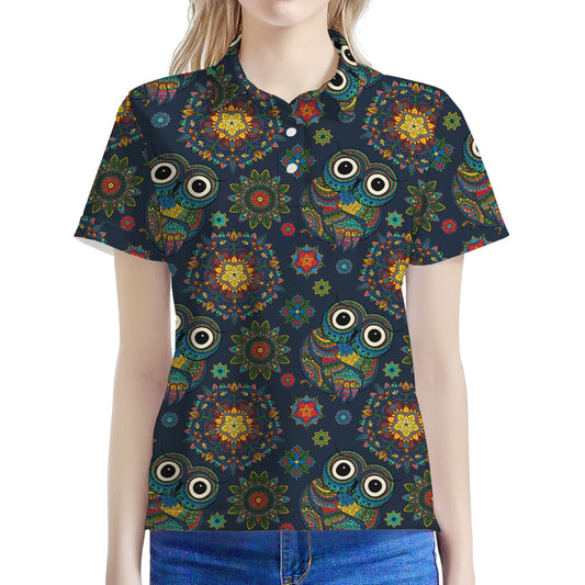 Bohemian Owl Pattern Print Women's Polo Shirt