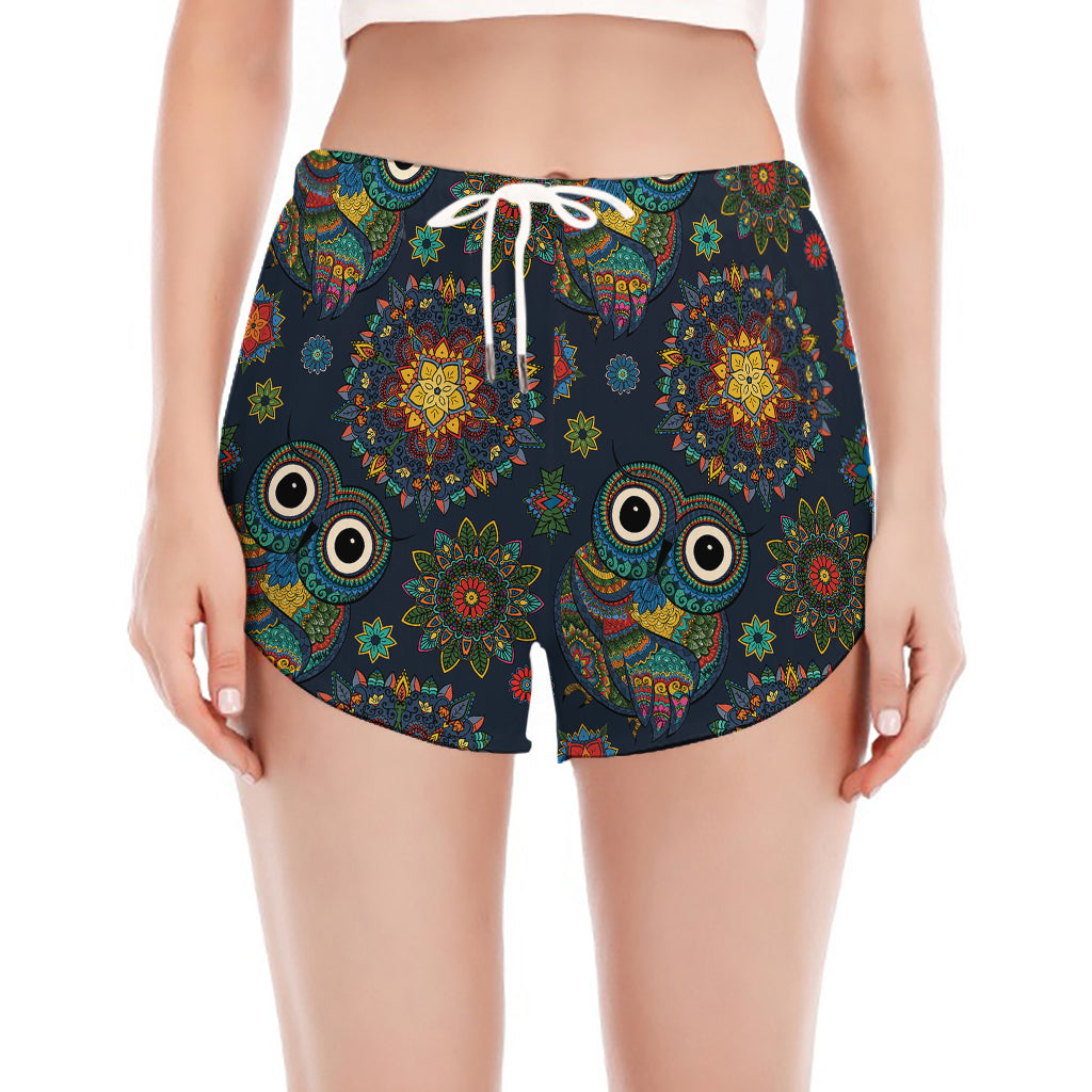 Bohemian Owl Pattern Print Women's Split Running Shorts