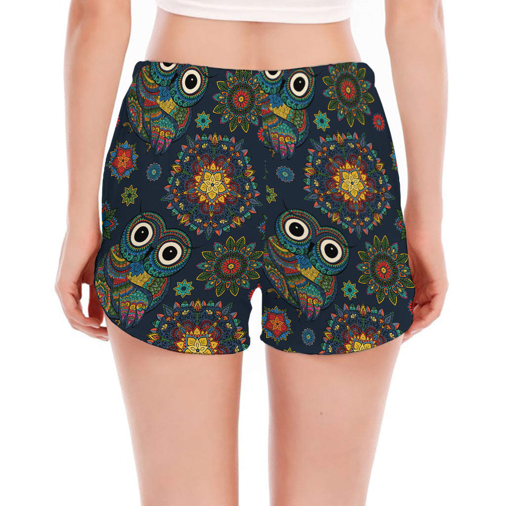 Bohemian Owl Pattern Print Women's Split Running Shorts