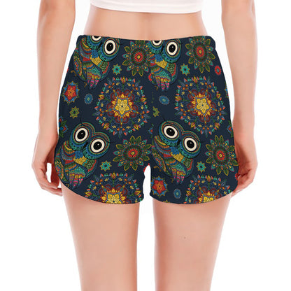 Bohemian Owl Pattern Print Women's Split Running Shorts