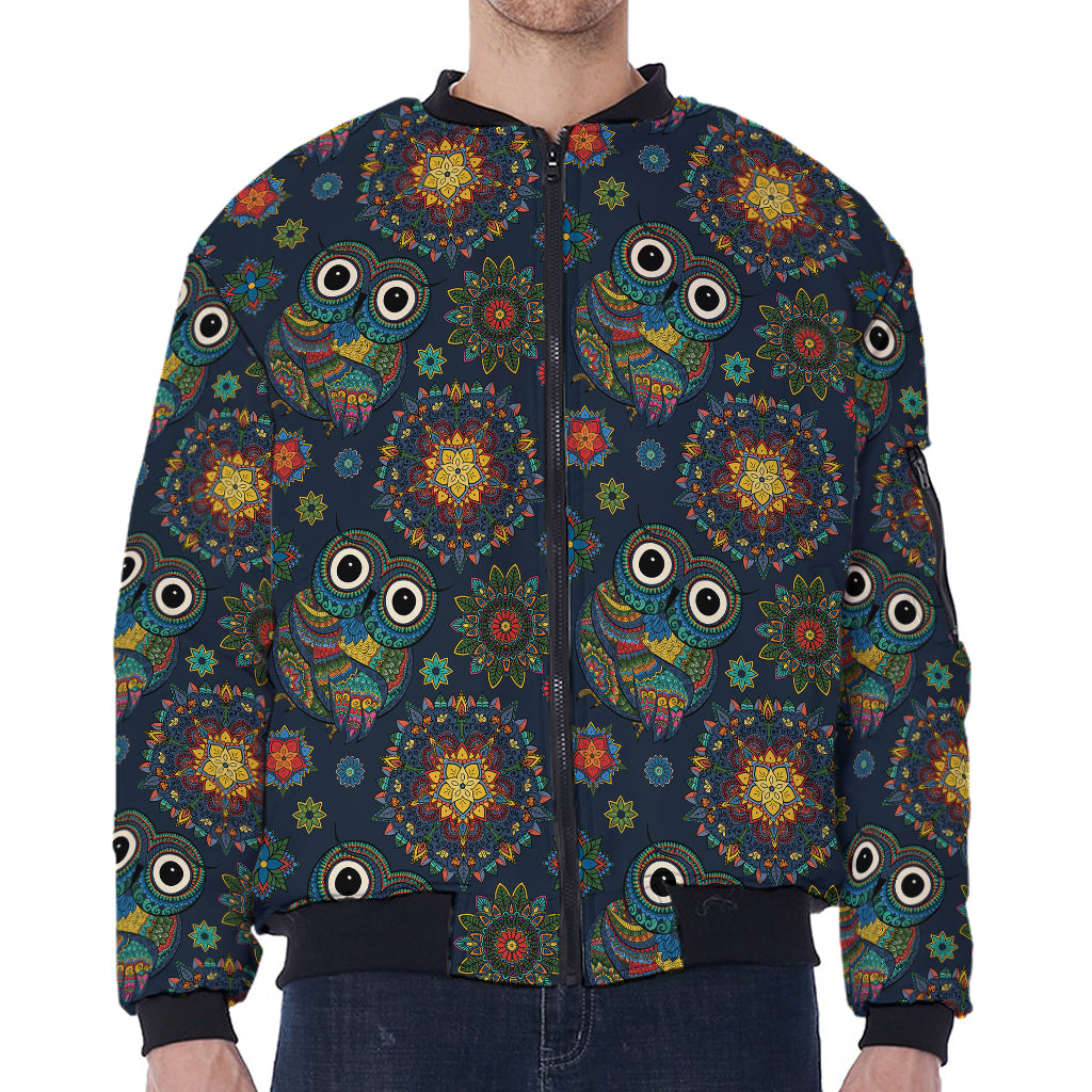 Bohemian Owl Pattern Print Zip Sleeve Bomber Jacket