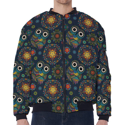 Bohemian Owl Pattern Print Zip Sleeve Bomber Jacket