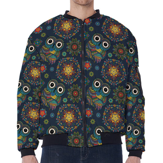 Bohemian Owl Pattern Print Zip Sleeve Bomber Jacket
