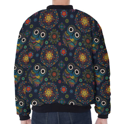 Bohemian Owl Pattern Print Zip Sleeve Bomber Jacket